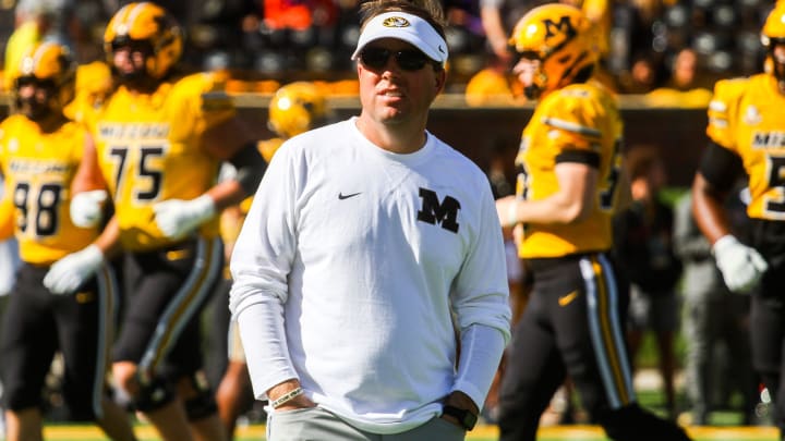 Missouri head coach Eli Drinkwitz looks on before a college football game against South Carolina at Memorial Stadium on Oct. 21, 2023, in Columbia, Mo.