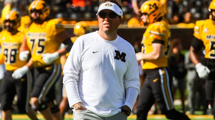 Missouri head coach Eli Drinkwitz looks on before a college football game against South Carolina at Memorial Stadium on Oct. 21, 2023, in Columbia, Mo.