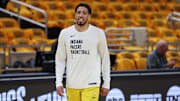 Indiana Pacers guard Tyrese Haliburton warms up prior to game against the New York Knicks in the 2025 NBA Playoffs.