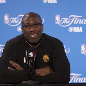 May 31, 2017; Oakland, CA, USA; Golden State Warriors acting head coach Mike Brown addresses the media in a press conference during the NBA Finals media day at Oracle Arena. Mandatory Credit: Kyle Terada-Imagn Images