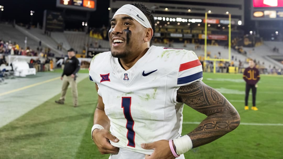 Nov 28, 2025; Tempe, Arizona, USA; Arizona Wildcats quarterback Noah Fifita (1) after defeating the Arizona State Sun Devils in the 99th Territorial Cup at Mountain America Stadium. Mandatory Credit: Mark J. Rebilas-Imagn Images