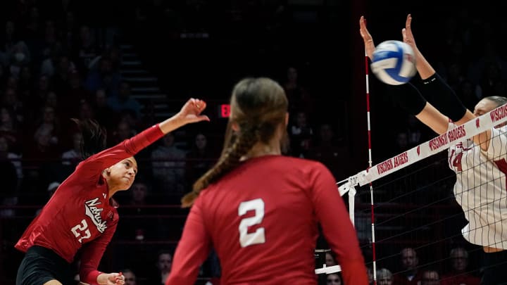 Wisconsin opposite Anna Smrek (14) blocks the spike from Nebraska outside hitter Harper Murray (27) during the second set of their game on Friday November 24, 2023 at the UW Field House in Madison, Wis.