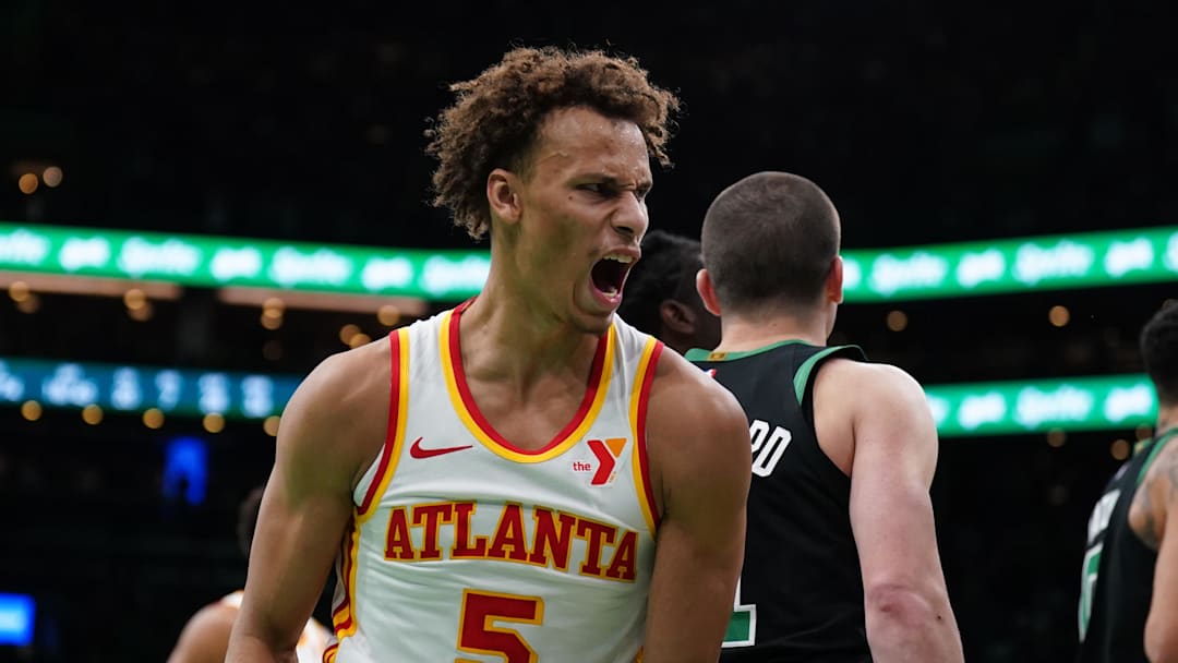 Atlanta Hawks guard Dyson Daniels reacts after defeating the Boston Celtics at TD Garden.