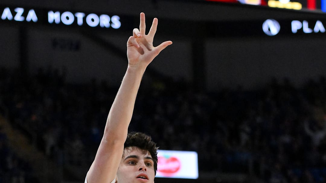 Mar 4, 2026; St. Louis, Missouri, USA; Saint Louis Billikens forward Brady Dunlap (11) reacts after making a three point shot against the Loyola Chicago Ramblers during the first half at Chaifetz Arena. Mandatory Credit: Jeff Curry-Imagn Images
