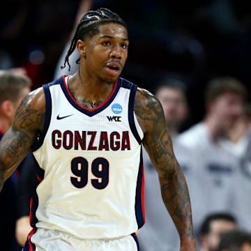 Gonzaga Bulldogs guard Khalif Battle (99) reacts after a play in the second half of a first round men’s NCAA Tournament game against the Georgia Bulldogs at Intrust Bank Arena
