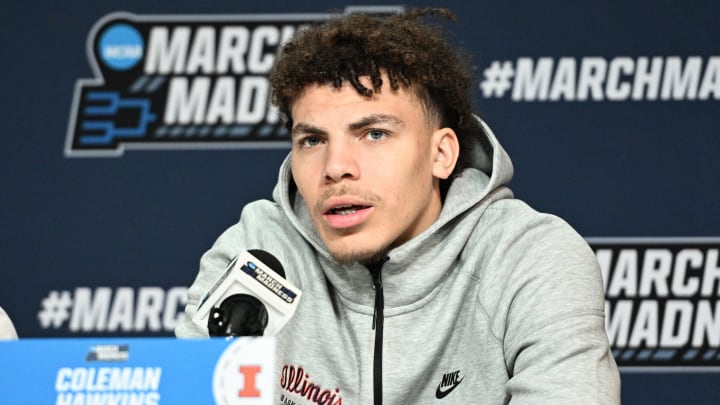 Mar 20, 2024; Omaha, NE, USA;  Illinois Fighting Illini forward Coleman Hawkins (33) talks with the media during the NCAA first round practice session at CHI Health Center Omaha. Mandatory Credit: Steven Branscombe-USA TODAY Sports