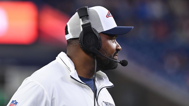 August 8, 2024; Foxborough, MA, USA;  New England Patriots head coach Jerod Mayo watches the action on the field during the second half against the Carolina Panthers at Gillette Stadium. Mandatory Credit: Eric Canha-USA TODAY Sports