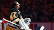 May 13, 2017; Pittsburgh, PA, USA;  Pittsburgh Penguins goalie Marc-Andre Fleury (29) looks on during the national anthem prior to game one of the Eastern Conference Final of the 2017 Stanley Cup Playoffs against the Ottawa Senators at PPG PAINTS Arena. Mandatory Credit: Charles LeClaire-Imagn Images