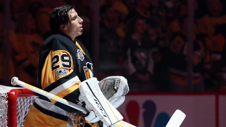 May 13, 2017; Pittsburgh, PA, USA;  Pittsburgh Penguins goalie Marc-Andre Fleury (29) looks on during the national anthem prior to game one of the Eastern Conference Final of the 2017 Stanley Cup Playoffs against the Ottawa Senators at PPG PAINTS Arena. Mandatory Credit: Charles LeClaire-Imagn Images