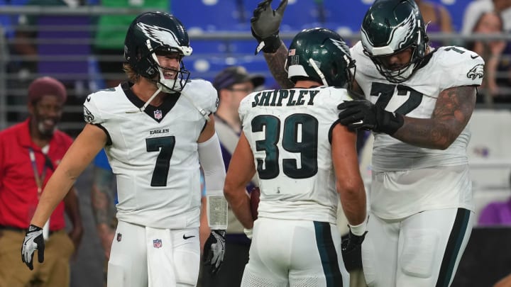 Aug 9, 2024; Baltimore, Maryland, USA; Philadelphia Eagles running back Will Shipley (39) celebrates his first quarter touchdown with quarterback Kenny Pickett (7) and tackle Darian Kinnard (72) against the Baltimore Ravens at M&T Bank Stadium. Mitch Stringer-USA TODAY Sports