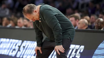 Mar 23, 2023; New York, NY, USA;  Michigan State Spartans head coach Tom Izzo reacts from the sideline in the game against the Kansas State Wildcats in the first half at Madison Square Garden. Mandatory Credit: Brad Penner-Imagn Images