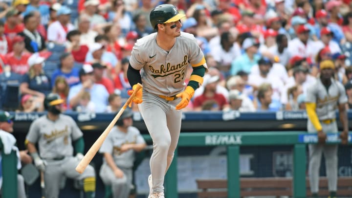 Jul 14, 2024; Philadelphia, Pennsylvania, USA; Oakland Athletics outfielder Brent Rooker (25) watches his two-run home run against the Philadelphia Phillies during the sixth inning at Citizens Bank Park. Mandatory Credit: Eric Hartline-USA TODAY Sports