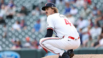 Sep 20, 2025; Minneapolis, Minnesota, USA; Minnesota Twins starting pitcher Joe Ryan (41) reacts to Cleveland Guardians catcher Bo Naylor’s (23) solo home run during the second inning of game one of a double header at Target Field. Mandatory Credit: Matt Krohn-Imagn Images
