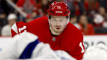 Feb 8, 2025; Detroit, Michigan, USA;  Detroit Red Wings right wing Vladimir Tarasenko (11) gets set during a face off in the second period against the Tampa Bay Lightning at Little Caesars Arena. Mandatory Credit: Rick Osentoski-Imagn Images