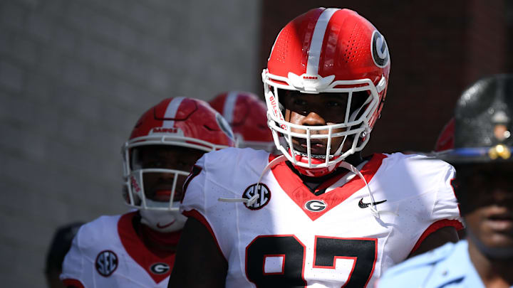 Oct 14, 2023; Nashville, Tennessee, USA; Georgia Bulldogs defensive lineman Warren Brinson (97) walks to the field before the game against the Vanderbilt Commodores at FirstBank Stadium. Mandatory Credit: Christopher Hanewinckel-Imagn Images