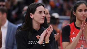 Team Clark guard Caitlin Clark reacts after the 2025 WNBA All Star Game at Gainbridge Fieldhouse