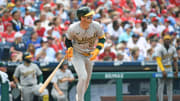 Jul 14, 2024; Philadelphia, Pennsylvania, USA; Oakland Athletics outfielder Brent Rooker (25) watches his two-run home run against the Philadelphia Phillies during the sixth inning at Citizens Bank Park.