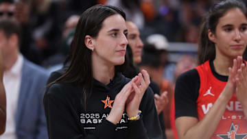 Jul 19, 2025; Indianapolis, IN, USA; Team Clark guard Caitlin Clark (22) reacts after the 2025 WNBA All Star Game at Gainbridge Fieldhouse. Mandatory Credit: Trevor Ruszkowski-Imagn Images