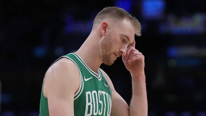 Jan 23, 2025; Los Angeles, California, USA; Boston Celtics forward Sam Hauser (30) reacts in the second half against the Los Angeles Lakers at the Crypto.com Arena. Mandatory Credit: Kirby Lee-Imagn Images