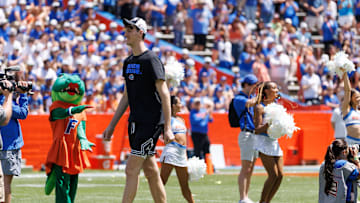 Apr 12, 2025; Gainesville, FL, USA; Florida Gators center Olivier Rioux (32) walks on the field during the National Championship celebration at Ben Hill Griffin Stadium. Mandatory Credit: Matt Pendleton-Imagn Images