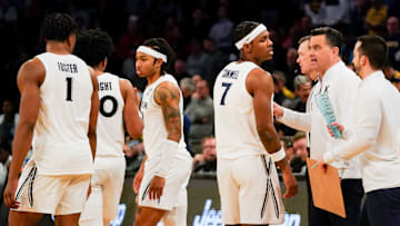 Xavier Musketeers head coach Sean Miller speaks with Xavier Musketeers guard Ryan Conwell (7) in the second half of the NCAA Big East Conference Tournament quarterfinals game between the Xavier Musketeers and Marquette Golden Eagles, Thursday, March 13, 2025, at Madison Square Garden in New York City. Golden Eagles won 89-87.