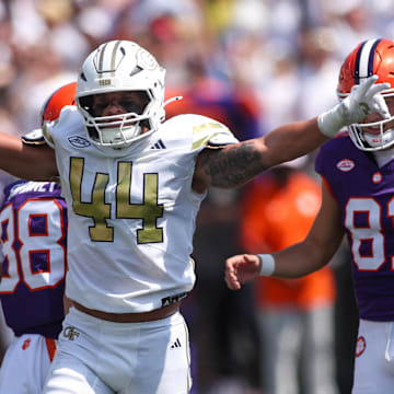 Sep 13, 2025; Atlanta, Georgia, USA; Georgia Tech Yellow Jackets linebacker Kyle Efford (44) reacts after a missed field goal by Clemson Tigers place kicker Nolan Hauser (81) in the first quarter at Bobby Dodd Stadium at Hyundai Field. Mandatory Credit: Brett Davis-Imagn Images