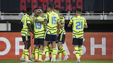 Jul 19, 2023; Washington, DC, USA; Arsenal forward Gabriel Jesus (9) celebrates with teammates after scoring a goal against the MLS in the first half of the 2023 MLS All Star Game at Audi Field. Mandatory Credit: Amber Searls-Imagn Images