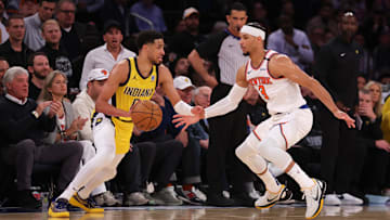 May 21, 2025; New York, New York, USA; Indiana Pacers guard Tyrese Haliburton (0) controls the ball against New York Knicks guard Josh Hart (3) in the third quarter during game one of the eastern conference finals for the 2025 NBA Playoffs at Madison Square Garden. Mandatory Credit: Brad Penner-Imagn Images