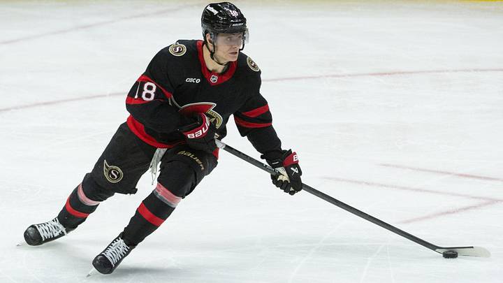 Mar 11, 2026; Ottawa, Ontario, CAN; Ottawa Senators center Tim Stuzle (18) skates with the puck in the third period against the Montreal Canadiens at the Canadian Tire Centre. Mandatory Credit: Marc DesRosiers-IMAGN Images