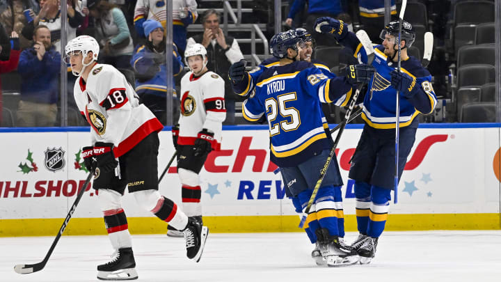 St. Louis Blues left wing Pavel Buchnevich (89), Jordan Kyrou (25)