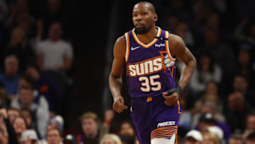 Jan 29, 2025; Phoenix, Arizona, USA; Phoenix Suns forward Kevin Durant (35) against the Minnesota Timberwolves at Footprint Center. Mandatory Credit: Mark J. Rebilas-Imagn Images