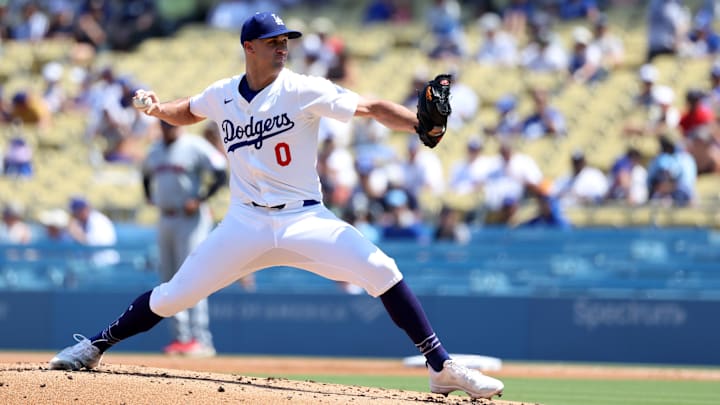 Sep 8, 2024; Los Angeles, California, USA;  Los Angeles Dodgers starting pitcher Jack Flaherty (0) pitches during the second inning against the Cleveland Guardians at Dodger Stadium. Mandatory Credit: Kiyoshi Mio-Imagn Images