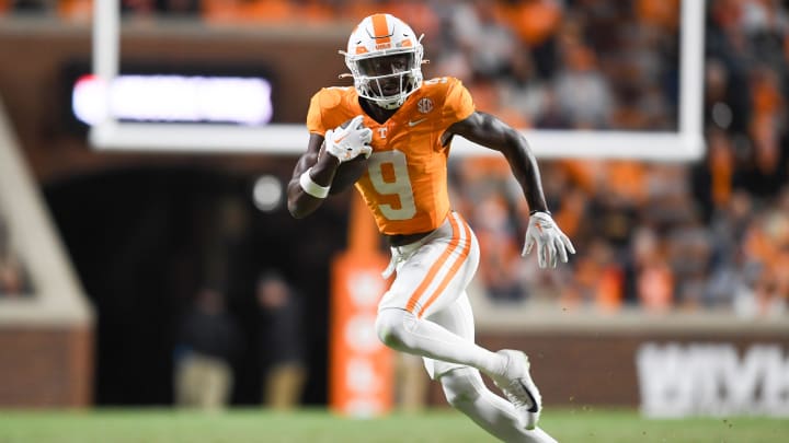 Tennessee wide receiver Ramel Keyton (9) runs the ball during a football game between Tennessee and Vanderbilt at Neyland Stadium in Knoxville, Tenn., on Saturday, Nov. 25, 2023.