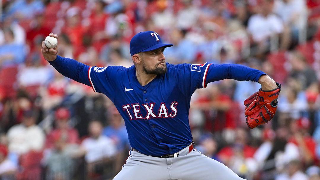 Jul 29, 2024; St. Louis, Missouri, USA; Texas Rangers starting pitcher Nathan Eovaldi (17) pitches against the St. Louis Cardinals during the first inning at Busch Stadium. Mandatory Credit: Jeff Curry-USA TODAY Sports Jul 29, 2024; St. Louis, Missouri, USA; Texas Rangers starting pitcher Nathan Eovaldi (17) pitches against the St. Louis Cardinals during the first inning at Busch Stadium. Mandatory Credit: Jeff Curry-USA TODAY Sports