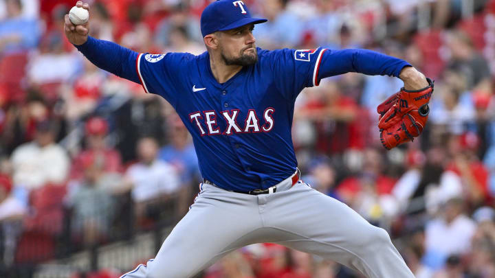 Jul 29, 2024; St. Louis, Missouri, USA;  Texas Rangers starting pitcher Nathan Eovaldi (17) pitches against the St. Louis Cardinals during the first inning at Busch Stadium. Mandatory Credit: Jeff Curry-USA TODAY Sports