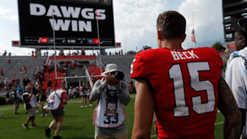 Georgia quarterback Carson Beck (15) heads to the locker room after a NCAA Aflac Kickoff game against Tennessee Tech in Athens, Ga., on Saturday, Sept. 7, 2024. Georgia won 48-3.