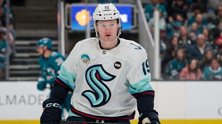 Apr 5, 2025; San Jose, California, USA; Seattle Kraken left wing Jared McCann (19) reacts after scoring a goal against the San Jose Sharks during the first period at SAP Center at San Jose. Mandatory Credit: Robert Edwards-Imagn Images