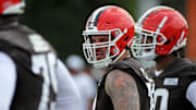 Cleveland Browns offensive tackle Jack Conklin (78) watches from the sideline during practice at NFL minicamp, Tuesday, June 10, 2025, in Berea, Ohio. [Jeff Lange/Beacon Journal]