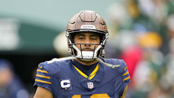 Nov 2, 2025; Green Bay, Wisconsin, USA;  Green Bay Packers quarterback Jordan Love (10) during warmups prior to the game against the Green Bay Packers at Lambeau Field. Mandatory Credit: Jeff Hanisch-Imagn Images