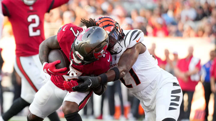 Tampa Bay Buccaneers running back Bucky Irving (7) breaks into the end zone for a touchdown in the first quarter of the NFL Preseason Week 1 game between the Cincinnati Bengals and the Tampa Bay Buccaneers at Paycor Stadium in downtown Cincinnati on Saturday, Aug. 10, 2024.