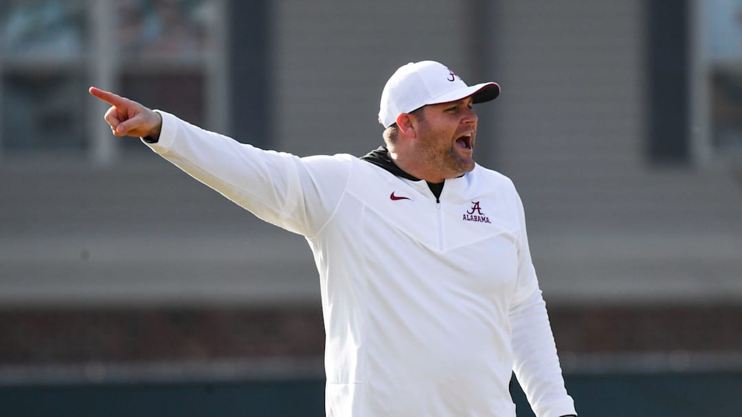 Mar 6, 2024; Tuscaloosa, Alabama, USA; Defensive coordinator Kane Wommack gives directions during practice of the Alabama Crimson Tide football team Wednesday.