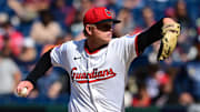 Aug 27, 2025; Cleveland, Ohio, USA; Cleveland Guardians relief pitcher Nic Enright (59) throws a pitch against the Tampa Bay Rays during the ninth inning at Progressive Field. Mandatory Credit: Ken Blaze-Imagn Images