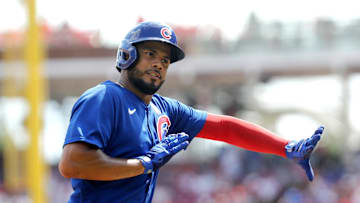 Sep 3, 2023; Cincinnati, Ohio, USA; Chicago Cubs third baseman Jeimer Candelario (9) reacts as he