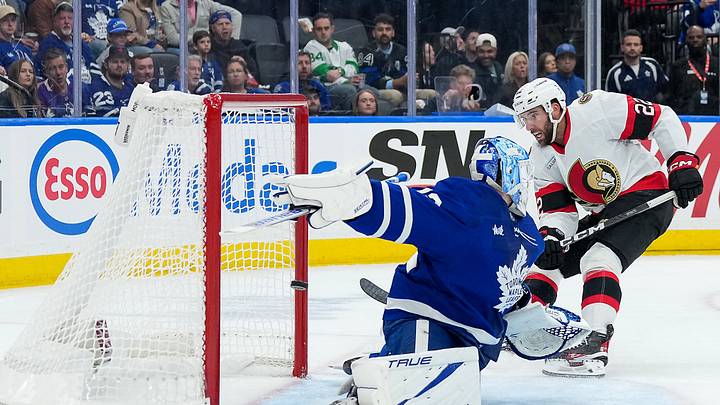 Oct 3, 2026; Toronto, Ontario, CAN;  Ottawa Senators right wing Michael Amadio (22) scores a goal on Toronto Maple Leafs goaltender Sergei Bobrovsky (72) during the second period at Scotiabank Arena.  Mandatory Credit: Nick Turchiaro-Imagn Images