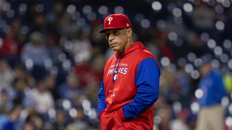 Philadelphia Phillies manager Joe Girardi (25) looks on.