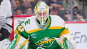 Mar 17, 2025; Saint Paul, Minnesota, USA;  Minnesota Wild goaltender Filip Gustavsson (32) watches the puck against the Los Angeles Kings in the second period at Xcel Energy Center. Mandatory Credit: Brad Rempel-Imagn Images