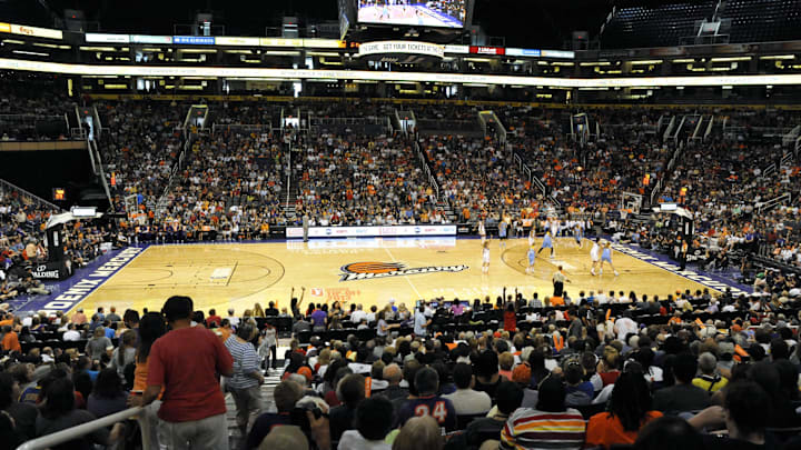 May 27, 2013; Phoenix, AZ, USA; The Chicago Sky and the  Phoenix Mercury play on the brand new Phoenix Mercury court during the second half at US Airways Center. The Chicago Sky defeated the Phoenix Mercury 102-80. Mandatory Credit: Casey Sapio-Imagn Images