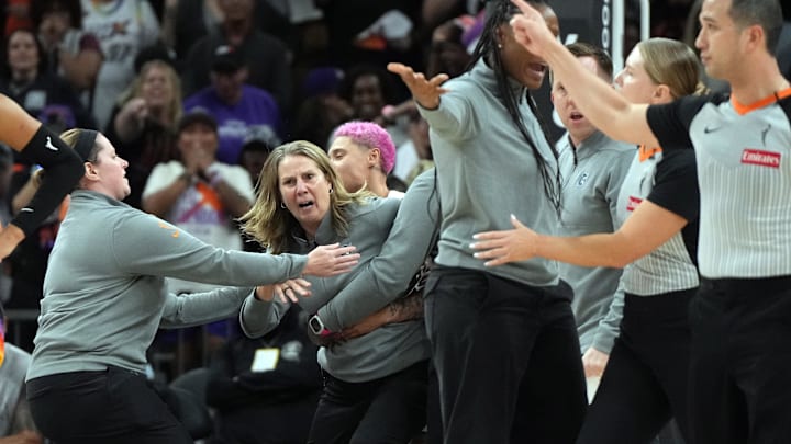 Minnesota Lynx head coach Cheryl Reeve is held back after being ejected during game three against the Phoenix Mercury of the second round for the 2025 WNBA Playoffs at PHX Arena. Minnesota Lynx head coach Cheryl Reeve is held back after being ejected during game three against the Phoenix Mercury of the second round for the 2025 WNBA Playoffs at PHX Arena.