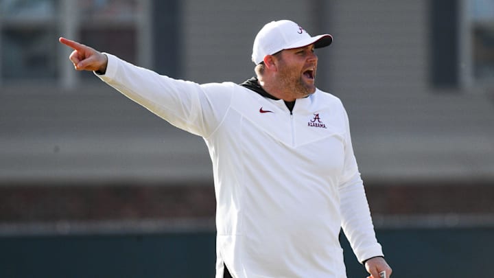 Mar 6, 2024; Tuscaloosa, Alabama, USA; Defensive coordinator Kane Wommack gives directions during practice of the Alabama Crimson Tide football team Wednesday.