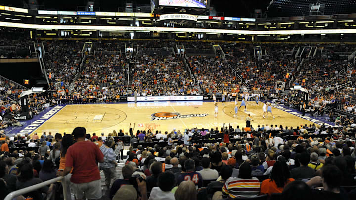 May 27, 2013; Phoenix, AZ, USA; The Chicago Sky and the  Phoenix Mercury play on the brand new Phoenix Mercury court during the second half at US Airways Center. The Chicago Sky defeated the Phoenix Mercury 102-80. Mandatory Credit: Casey Sapio-Imagn Images